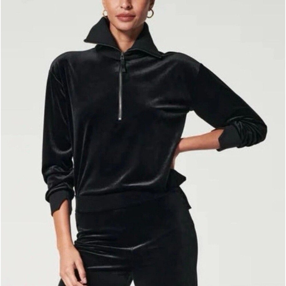 SPANX Black Velour Half-Zip Velvet Sweatshirt Size XS